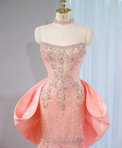 Robe de soirée longue en tulle perlé, style sirène, bustier rose, avec nœud, RF0800