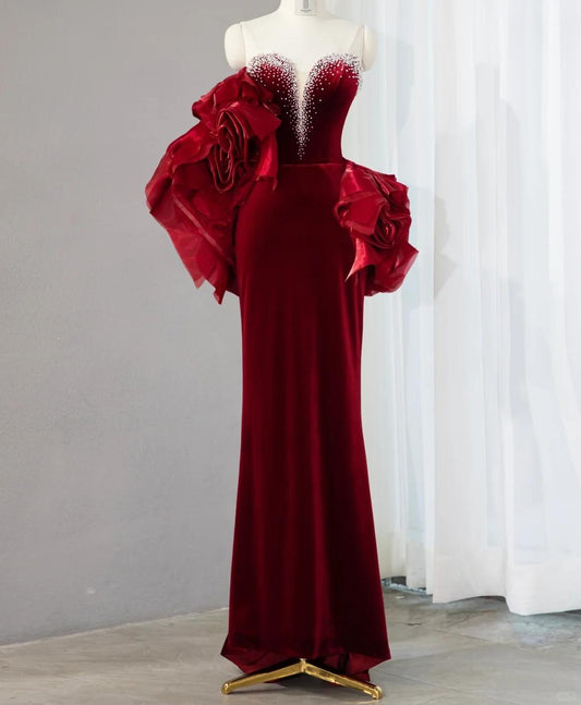 Elegant Burgundy Sweetheart Neck Mermaid Satin Long Prom Dresses Formal Evening Dresses RF0801