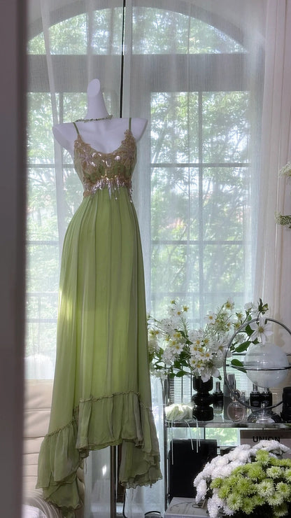 Sweet Retro Green Spaghetti Straps A-Line Chiffon Sequins Long Prom Dresses Birthday Evening Gowns RF0802
