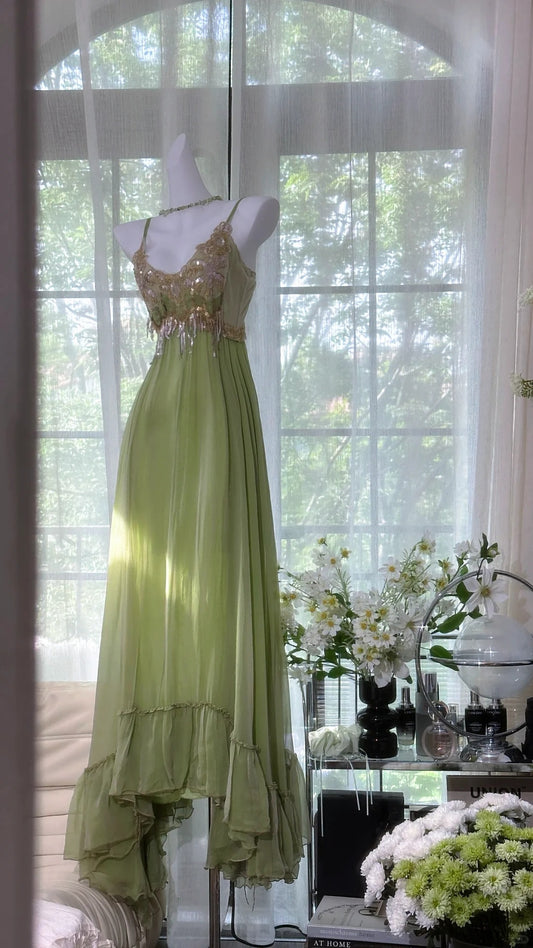 Sweet Retro Green Spaghetti Straps A-Line Chiffon Sequins Long Prom Dresses Birthday Evening Gowns RF0802