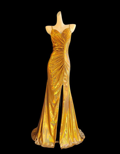 Elegant Gold Spaghetti Straps Mermaid Satin Long Prom Dresses Formal Evening Dresses RF0803
