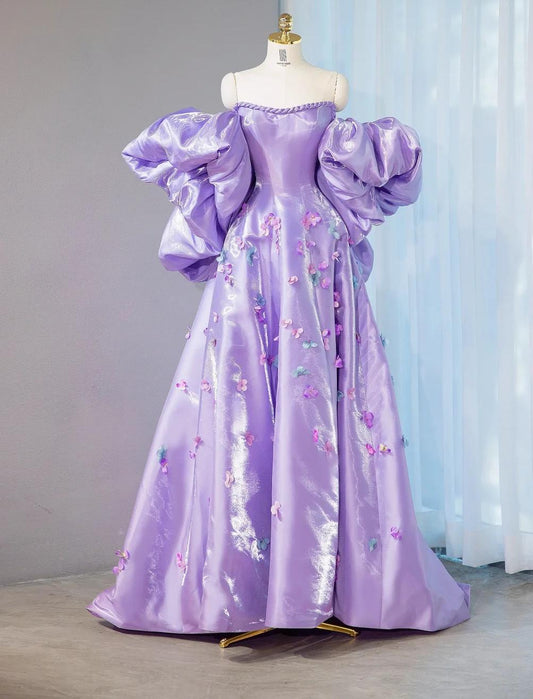 Gorgeous Purple Strapless A-Line Satin Long Prom Dresses Formal Evening Gown with Appliques RF0804