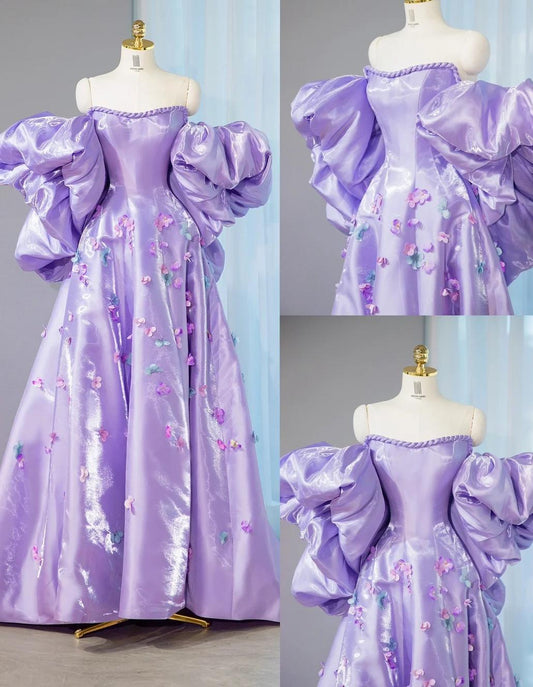 Gorgeous Purple Strapless A-Line Satin Long Prom Dresses Formal Evening Gown with Appliques RF0804