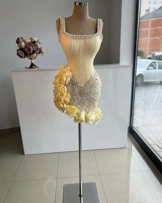 Gorgeous Butter Yellow Square Neck Bodycon Chiffon Beading Short Prom Dresses Homecoming Dresses with Appliques RF0806