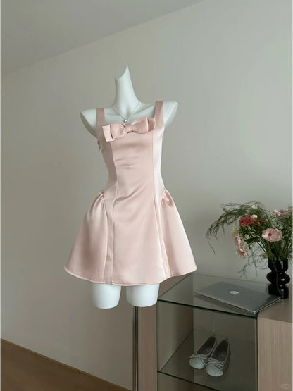 Süßes rosa A-Linie Satin Ballkleid mit quadratischem Ausschnitt und Schleife RF0807