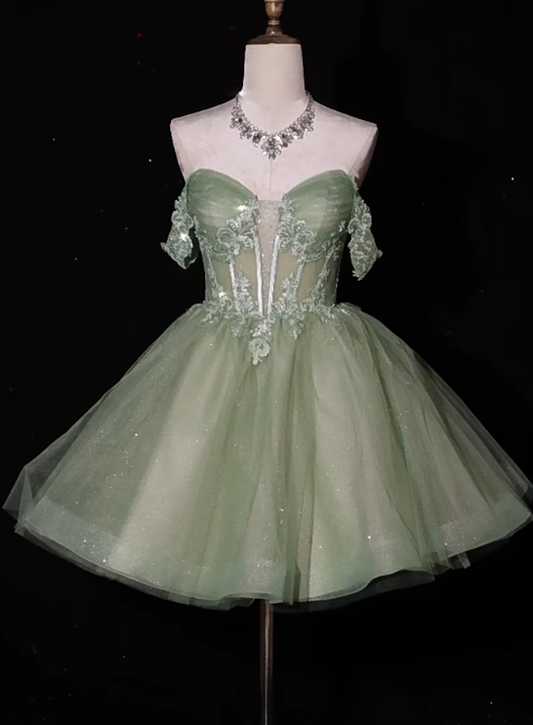 Sweet Green Off-the-shoulder A-Line Tulle Short Prom Dresses Homecoming Dresses with Appliques RF0809