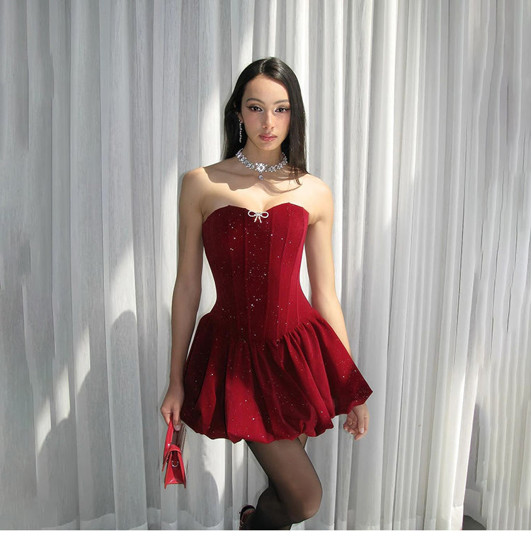 Gorgeous Burgundy Glitter Satin Strapless A-Line Party Dresses RF0811