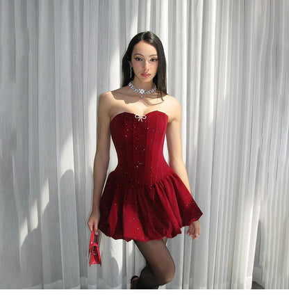 Gorgeous Burgundy Glitter Satin Strapless A-Line Party Dresses RF0811