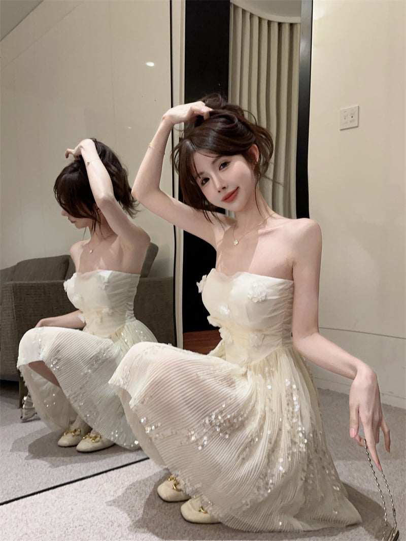Sweet Apricot Strapless A-Line Tulle Sequin Short Birthday Dresses RF0813