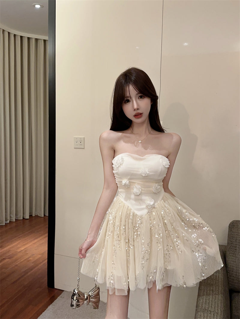 Sweet Apricot Strapless A-Line Tulle Sequin Short Birthday Dresses RF0813