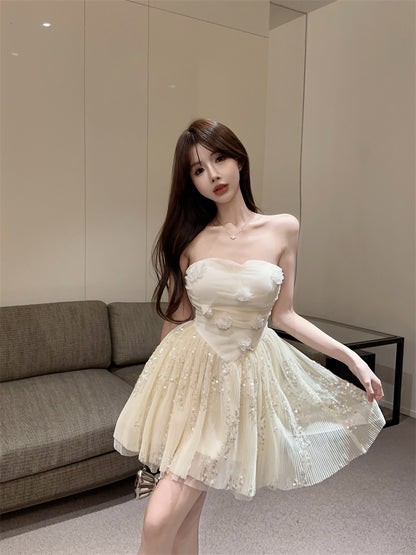 Sweet Apricot Strapless A-Line Tulle Sequin Short Birthday Dresses RF0813