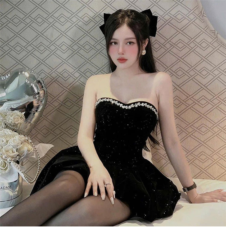 Elegant Black Glitter Satin Strapless A-Line Short Party Dresses RF0814