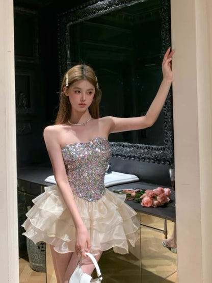 Gorgeous Sequin Strapless A-Line Tulle Short Birthday Party Dresses RF0815