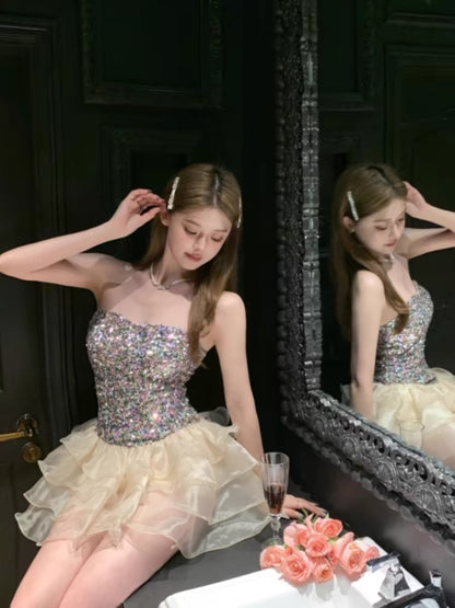 Gorgeous Sequin Strapless A-Line Tulle Short Birthday Party Dresses RF0815