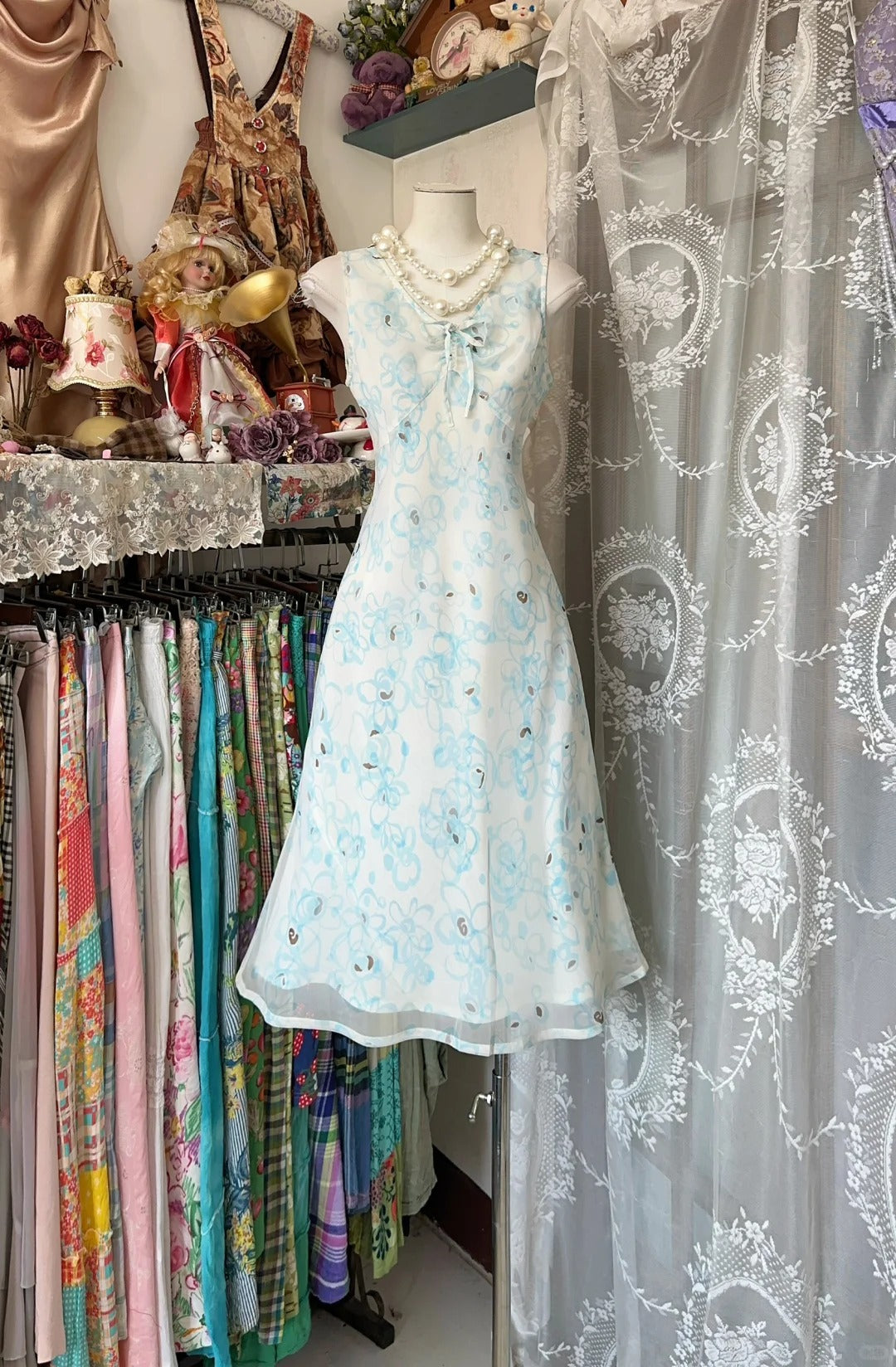 Elegant Blue V-neck Printed Chiffon Sheath Short Party Dresses RF0816