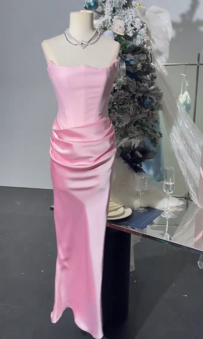 Robe de soirée longue en satin rose, élégante, sans bretelles, RF0822
