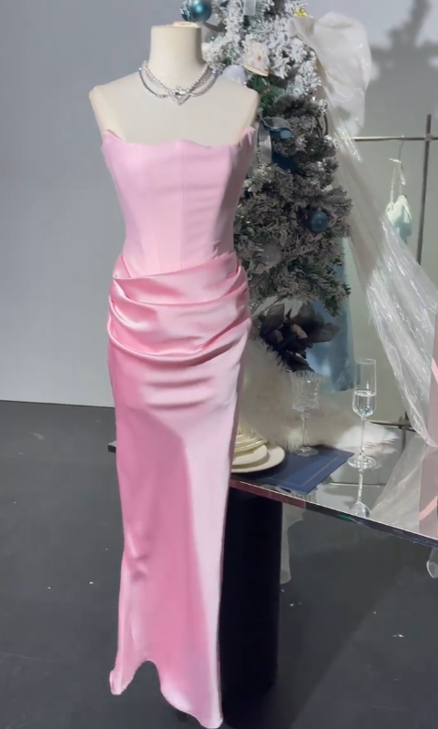 Elegant Pink Strapless Sheath Satin Long Prom Dresses Formal Evening Gowns RF0822