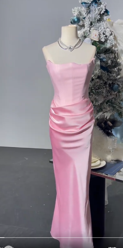 Elegant Pink Strapless Sheath Satin Long Prom Dresses Formal Evening Gowns RF0822