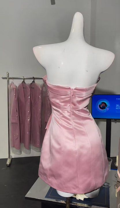 Stunning Pink Strapless Sheath Satin Short Prom Dresses Homecoming Dresses RF0825