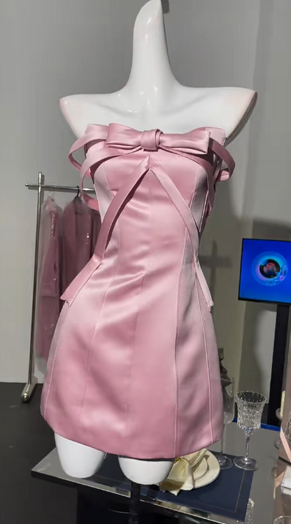 Stunning Pink Strapless Sheath Satin Short Prom Dresses Homecoming Dresses RF0825