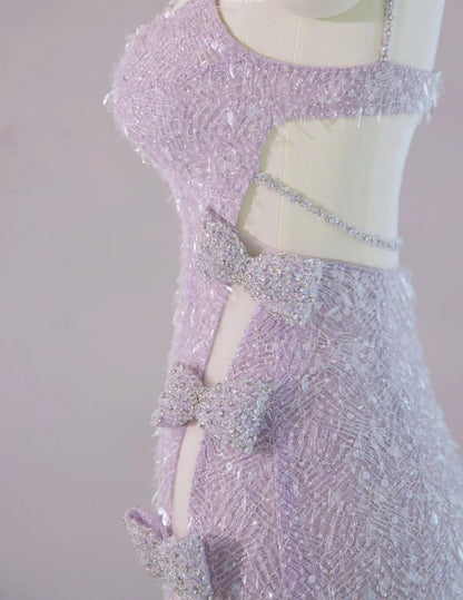 Wunderschönes hellviolettes Etuikleid mit V-Ausschnitt, Spitze und Perlen, lange Ballkleider, formelle Abendkleider mit Schlitzen RF0826