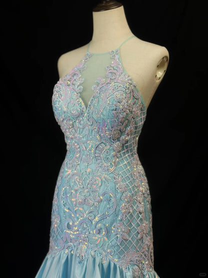 Vintage Blue Crew Neck Mermaid Satin Sequin Long Prom Dresses Formal Evening Gowns with Appliques RF0827