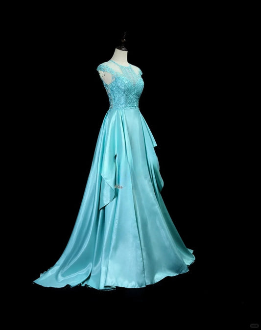 Elegant Blue Crew Neck A-Line Satin Long Prom Dresses Formal Evening Gowns with Appliques RF0828