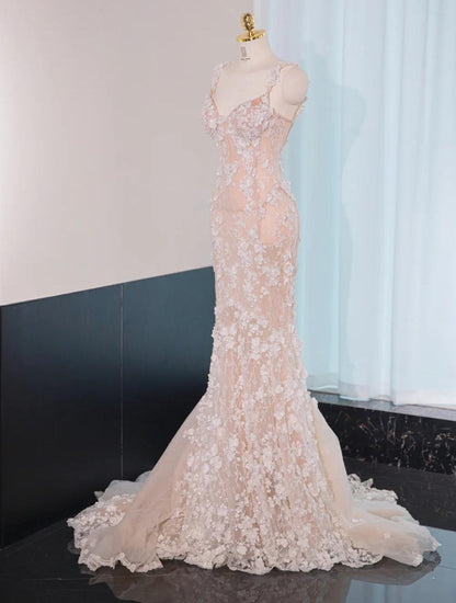 Stunning Champagne Sweetheart Mermaid Tulle Train Wedding Dress with Appliques RF0829