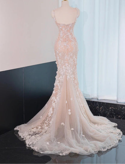 Stunning Champagne Sweetheart Mermaid Tulle Train Wedding Dress with Appliques RF0829