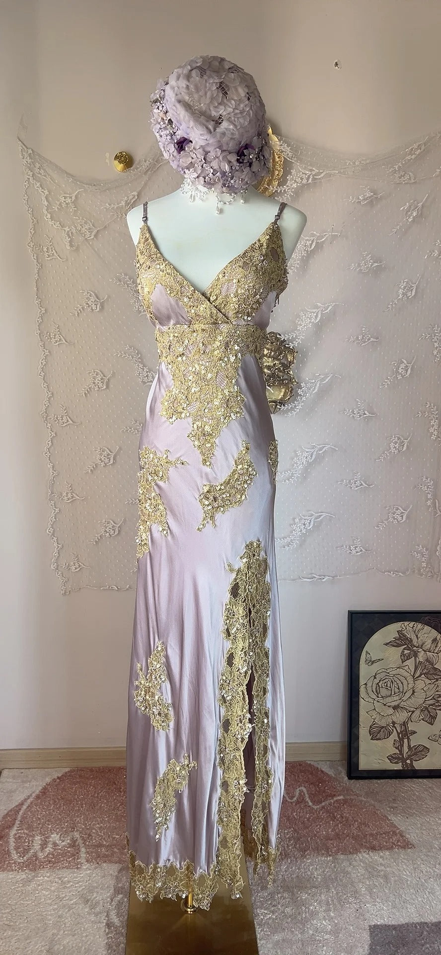 Gorgeous Purple Spaghetti Straps Bodycon Satin Prom Dresses Formal Evening Gowns with Lace Appliques RF0831