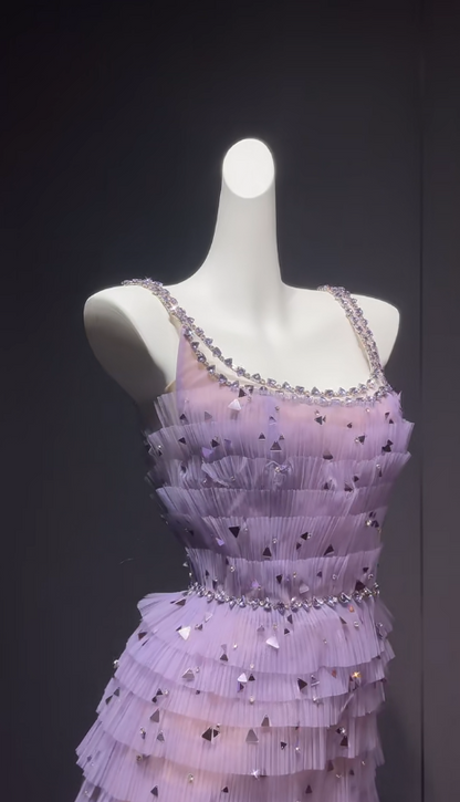 Sweet Purple Spaghetti Straps Sheath Tulle Sequin Long Prom Dresses Formal Evening Gowns RF0832