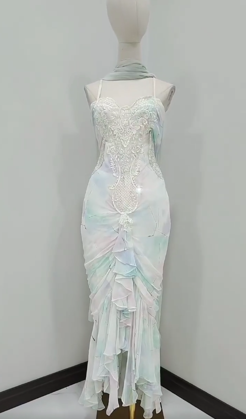 Elegant Colorful Spaghetti Straps Mermaid Chiffon Long Prom Dresses Vintage Evening Gowns RF0838