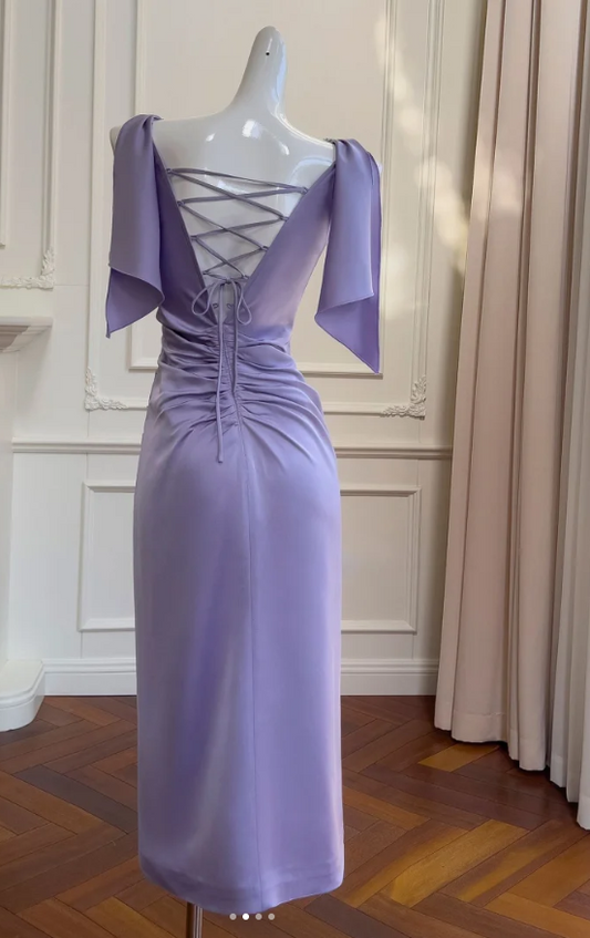 Stunning Spaghetti Straps Purple Sheath Satin Long Prom Dresses Formal Evening Gowns RF0839