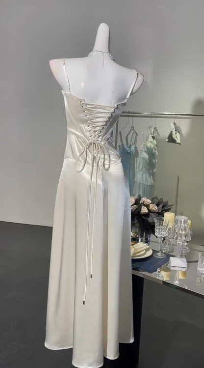 Sweet Spaghetti Strap A-Line White Satin Long Prom Dresses Birthday Evening Gowns RF0840