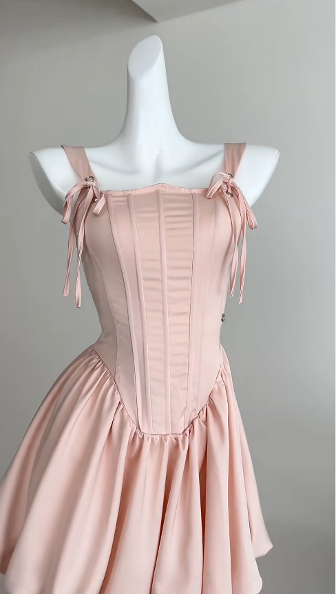 Cute Pink Square Neck A-Line Satin Short Party Dresses Homecoming Dresses RF0841