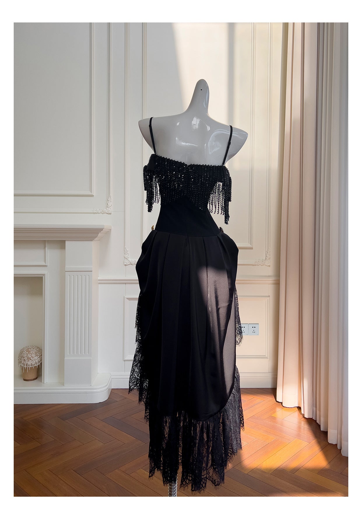 Stunning Black Spaghetti Straps A-Line Beaded Lace Hi-lo Prom Dresses Birthday Party Dress RF0845