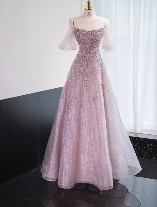 Gorgeous Pink Off Shoulder A-Line Tulle Sequins Long Prom Dresses Formal Evening Gowns RF0847