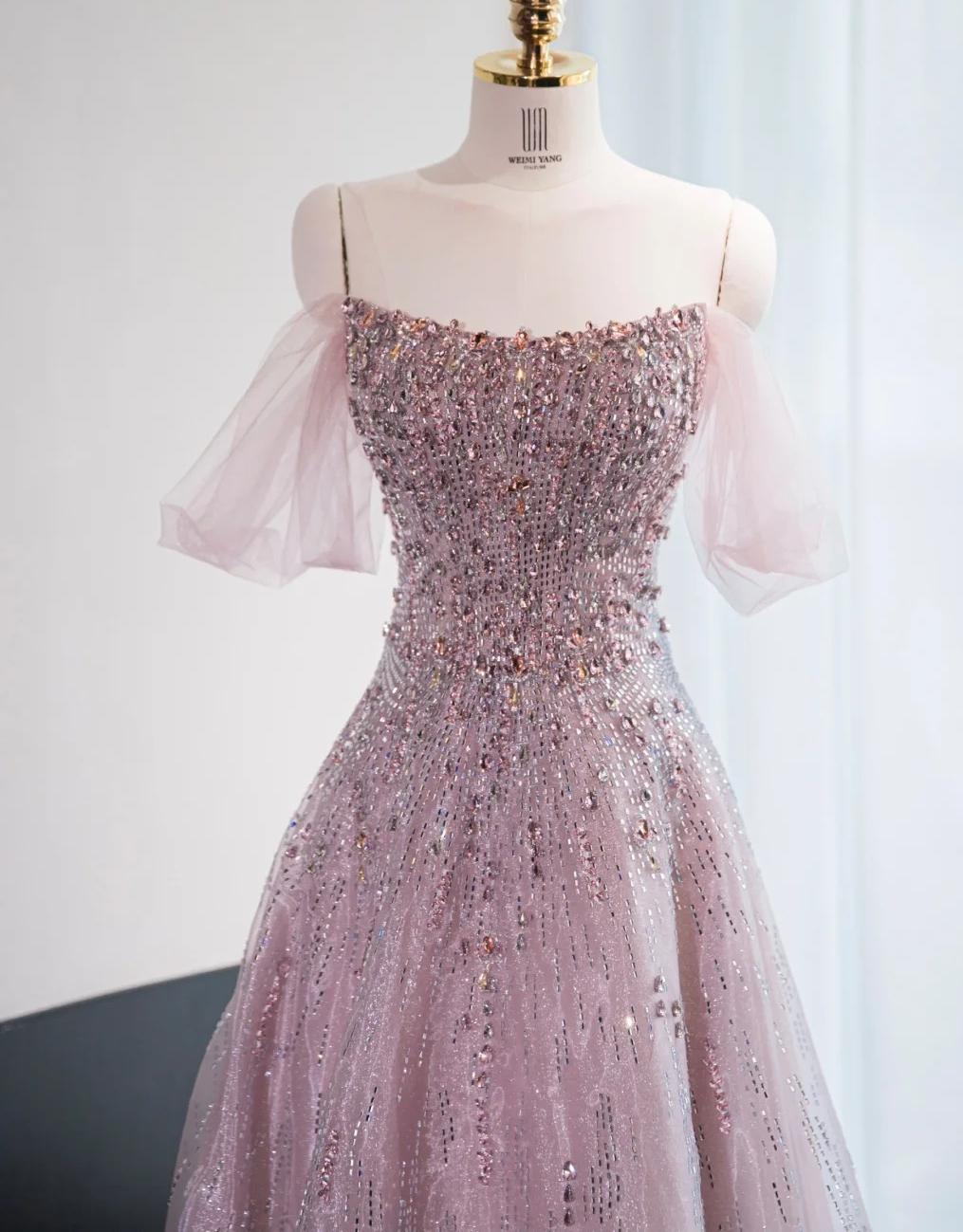 Wunderschönes rosa schulterfreies A-Linien-Tüll-Pailletten-Langballkleid, formelle Abendkleider RF0847