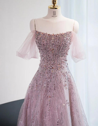 Wunderschönes rosa schulterfreies A-Linien-Tüll-Pailletten-Langballkleid, formelle Abendkleider RF0847