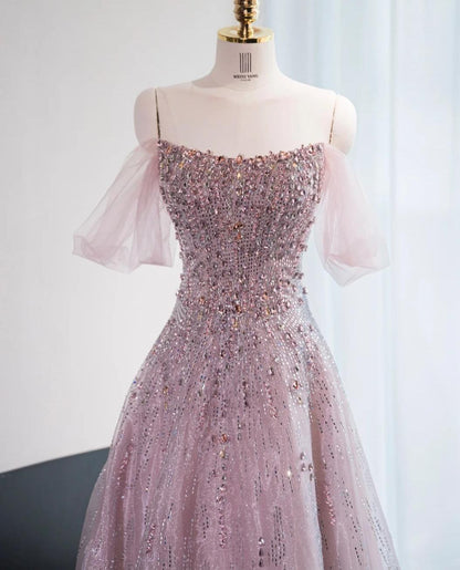 Wunderschönes rosa schulterfreies A-Linien-Tüll-Pailletten-Langballkleid, formelle Abendkleider RF0847