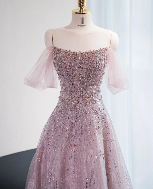 Gorgeous Pink Off Shoulder A-Line Tulle Sequins Long Prom Dresses Formal Evening Gowns RF0847