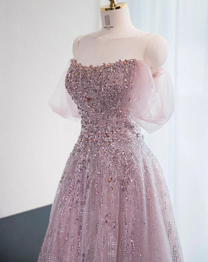 Wunderschönes rosa schulterfreies A-Linien-Tüll-Pailletten-Langballkleid, formelle Abendkleider RF0847