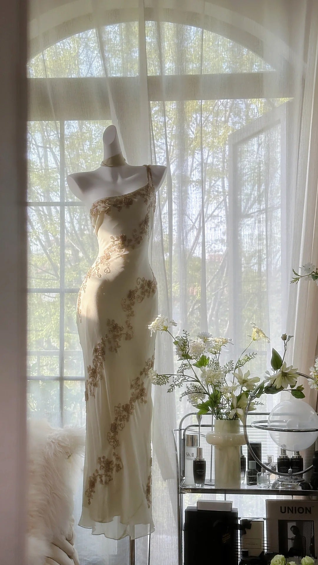 Robe de soirée élégante en mousseline de soie, asymétrique, abricot, longue, perlée, RF0846