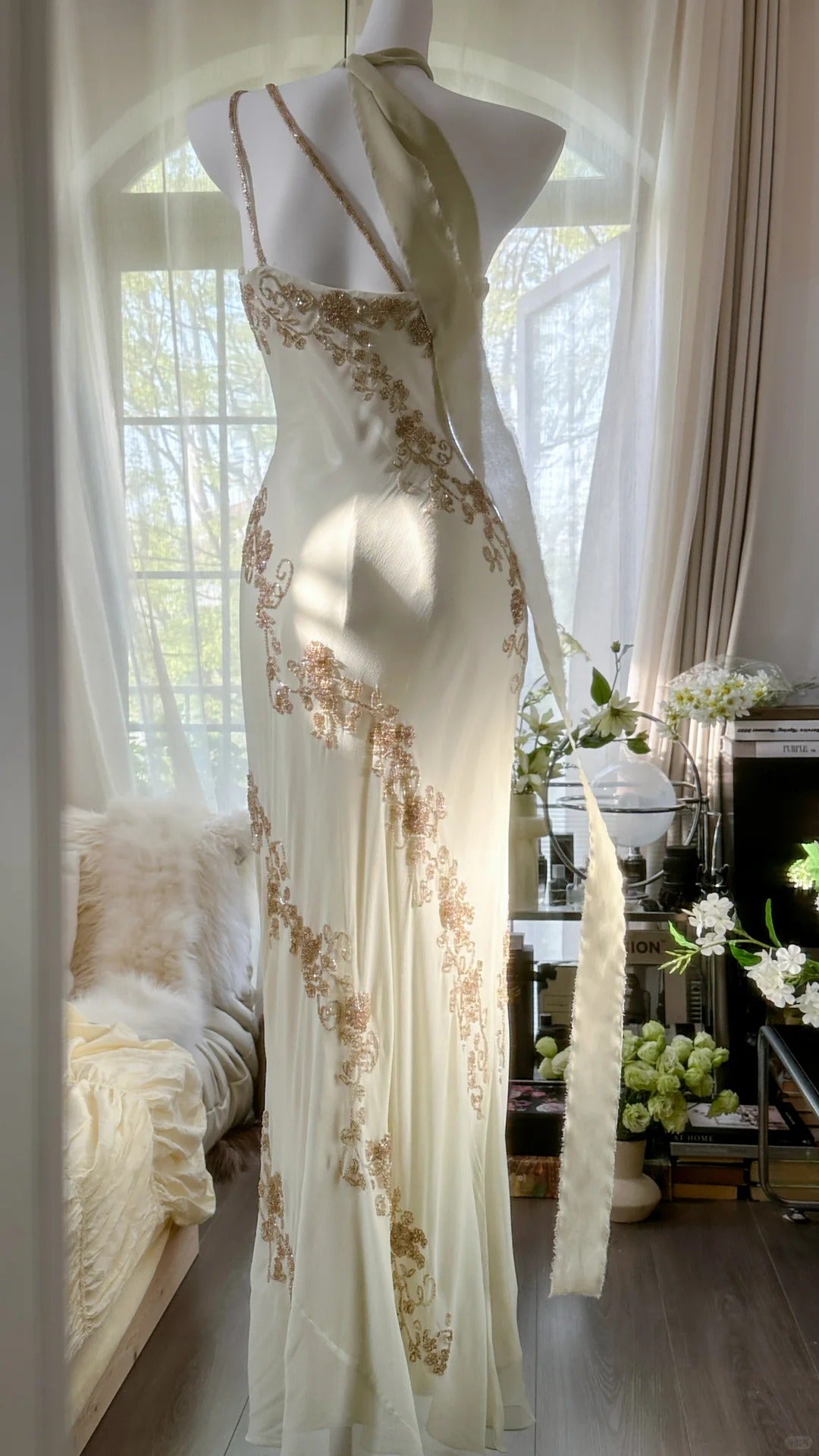 Robe de soirée élégante en mousseline de soie, asymétrique, abricot, longue, perlée, RF0846