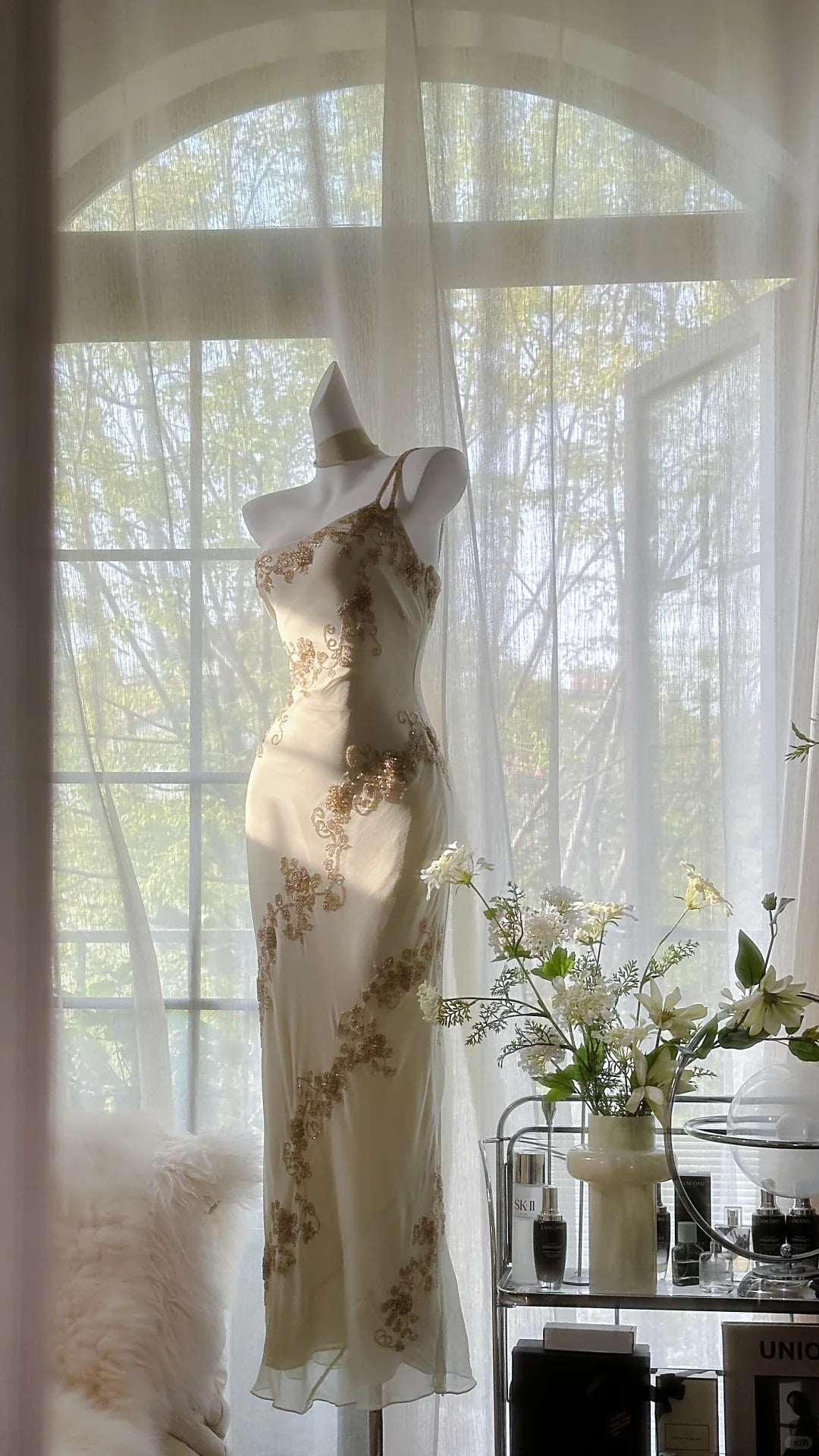 Robe de soirée élégante en mousseline de soie, asymétrique, abricot, longue, perlée, RF0846