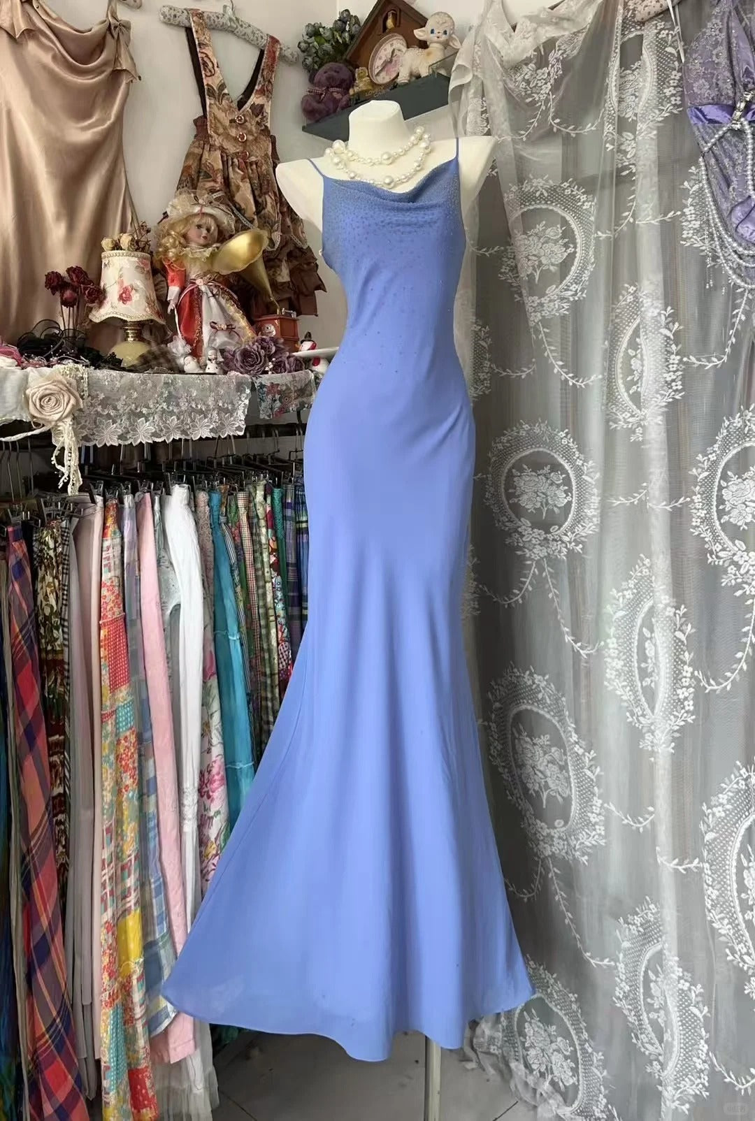Robe de soirée longue en mousseline de soie, élégante, bretelles spaghetti, style sirène, violet, style vintage, RF0848