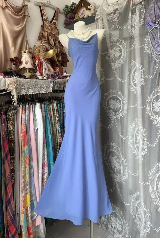 Elegant Spaghetti Straps Purple Mermaid Chiffon Long Prom Dresses Vintage Evening Gowns RF0848