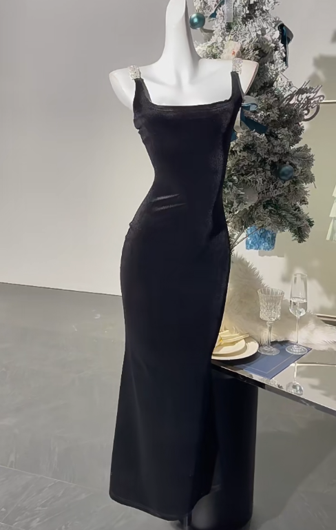 Robe de bal longue en satin noir à col carré et manches longues, robe de soirée simple et glamour, RF0849