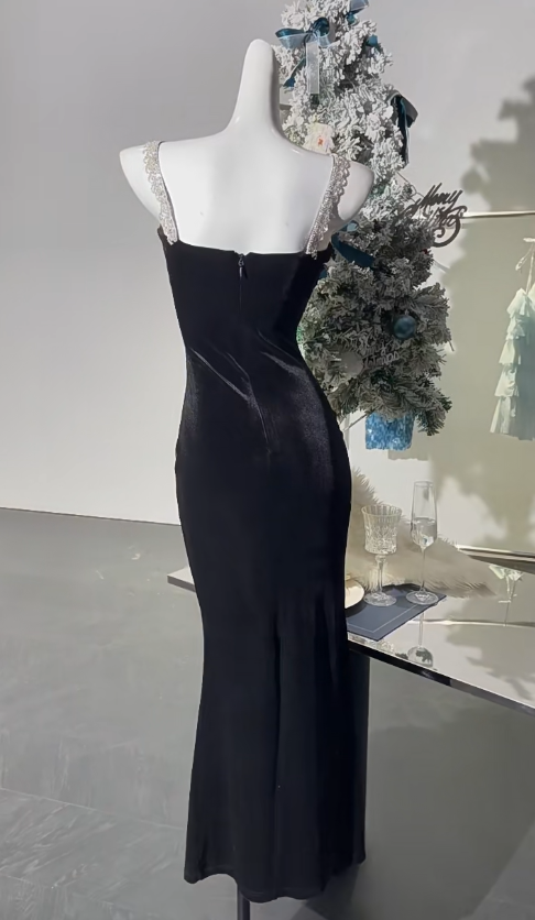 Robe de bal longue en satin noir à col carré et manches longues, robe de soirée simple et glamour, RF0849