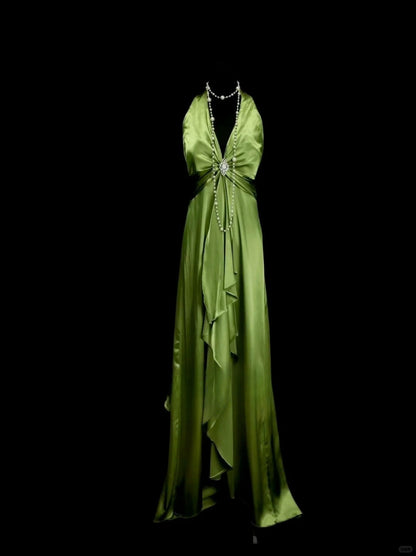 Superbe robe de soirée longue en satin vert à col en V, RF0850